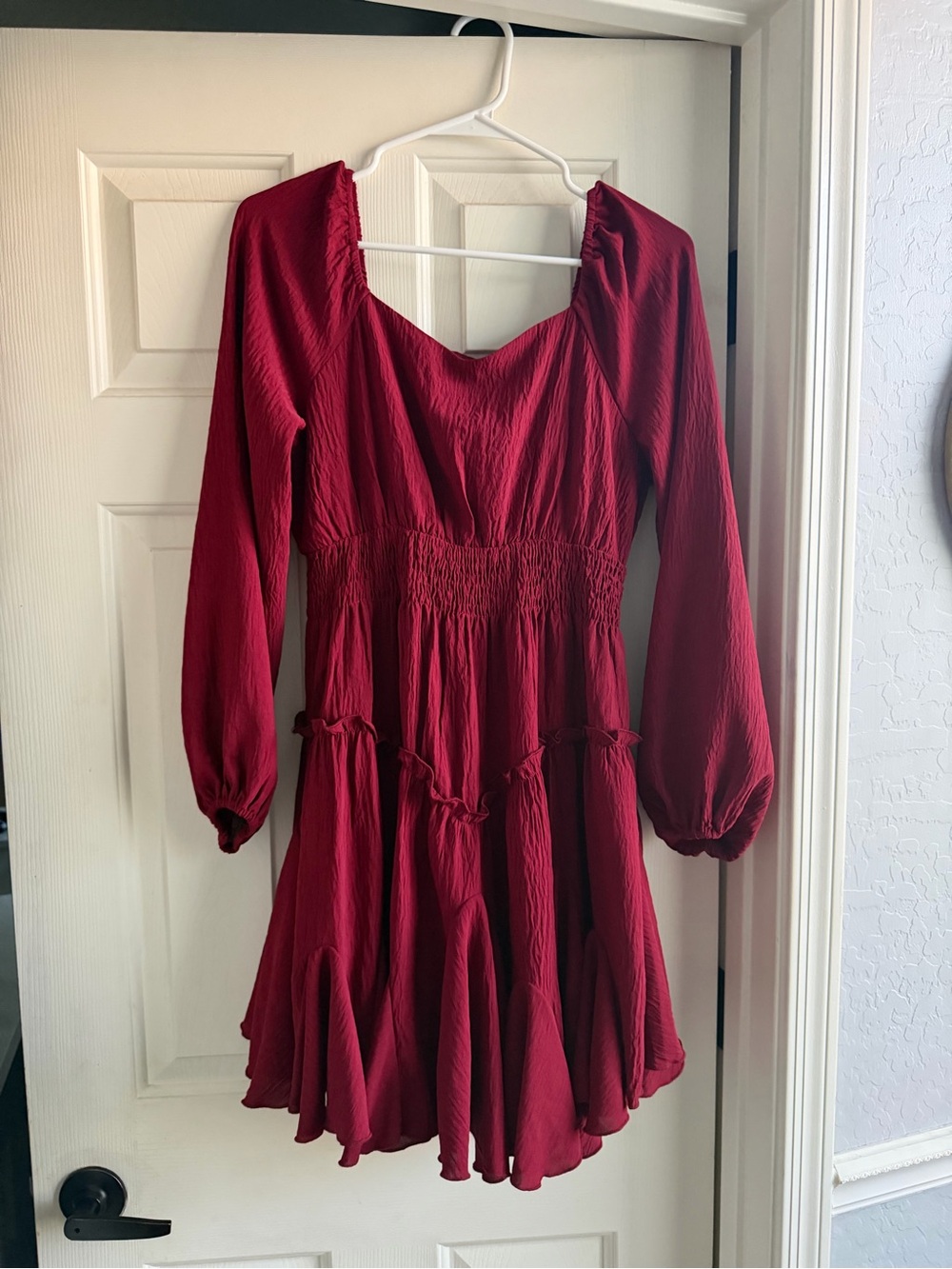 Women's Burgundy Long-Sleeve Smocked Waist Dress